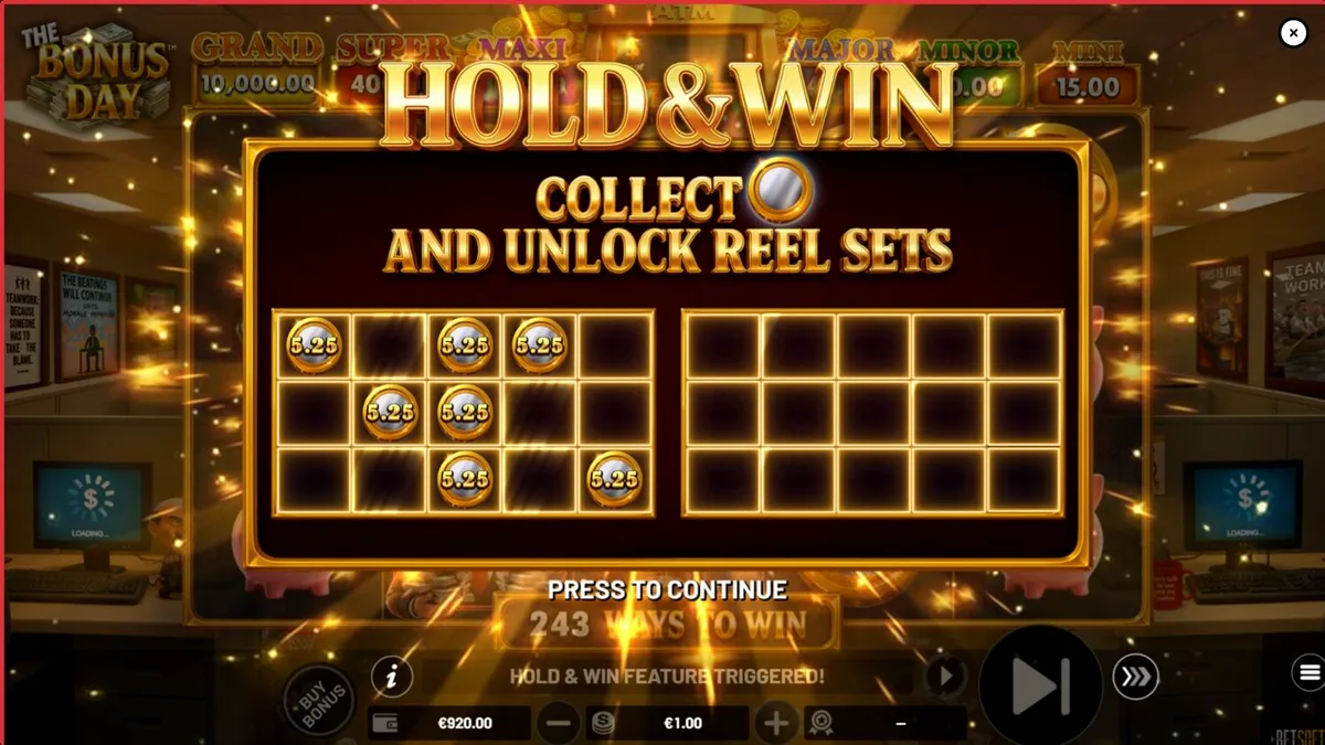 The Bonus Day slot machine interface na may temang opisina