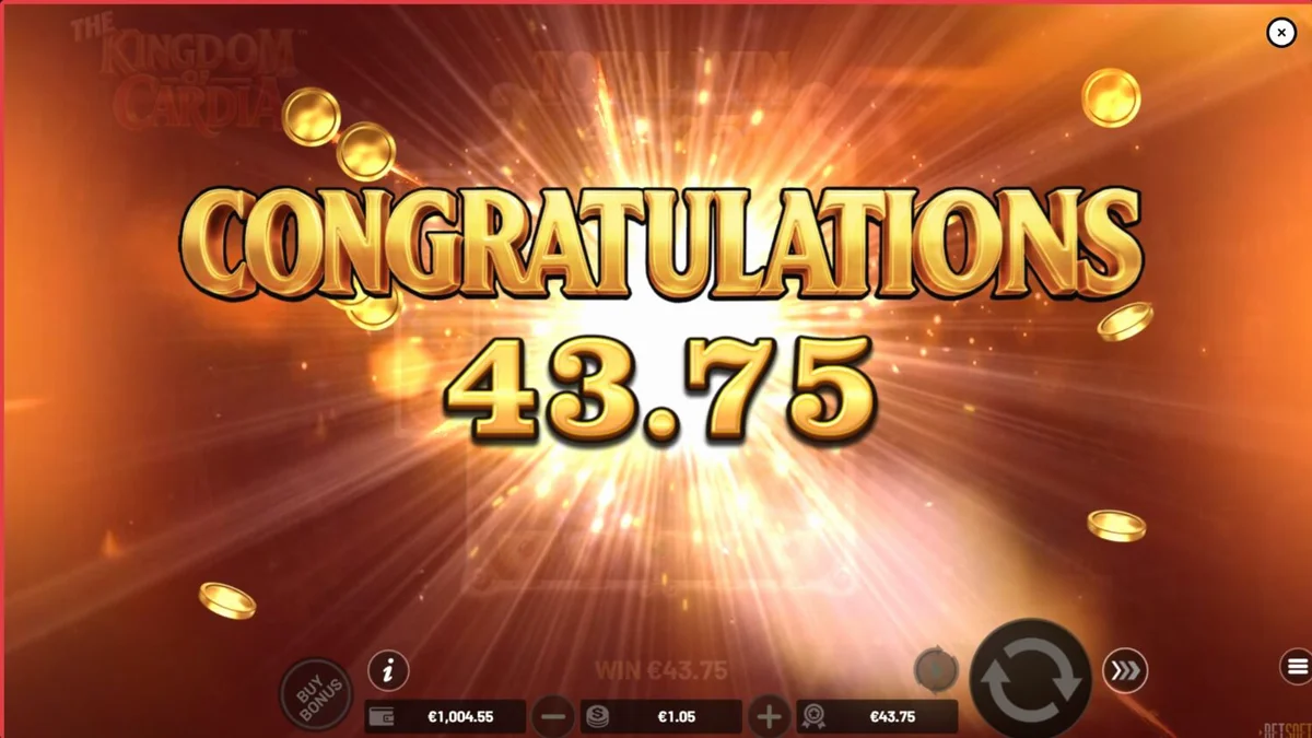 The Kingdom of Cardia slot machine interface featuring whimsical garden and card symbols